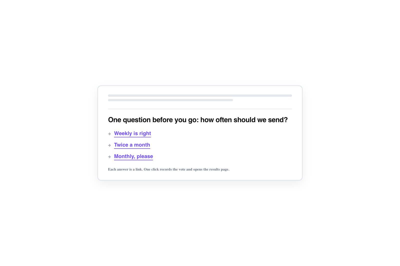 Vector email layout showing a question above three answer options, each an underlined link pointing to a results page