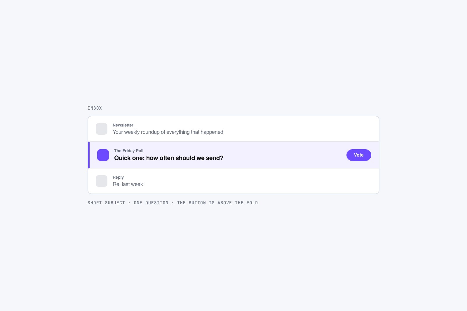 Vector inbox preview highlighting a short subject line and a bright vote button near the top of the message