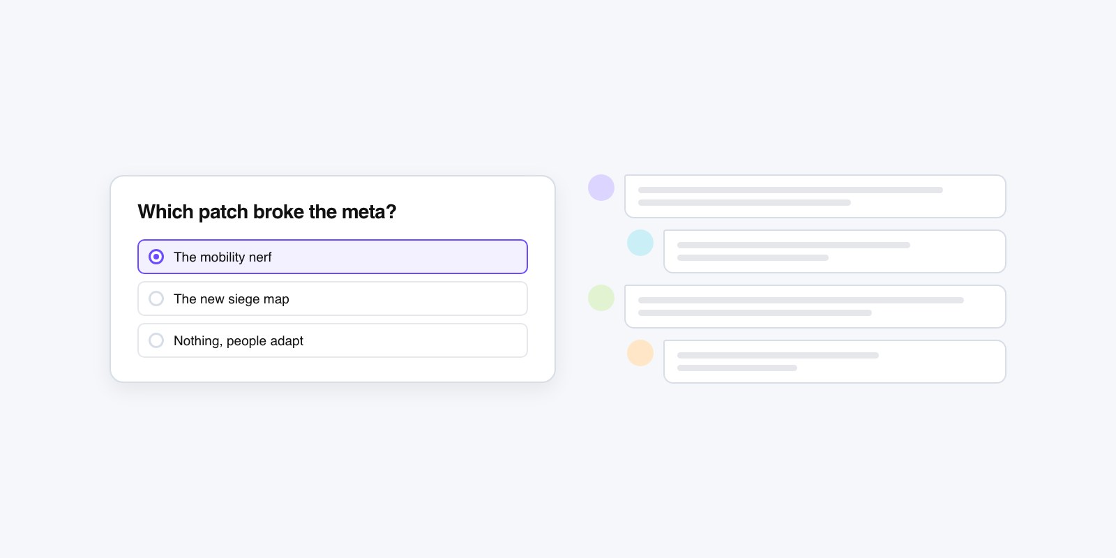 Flat vector forum thread with a poll card at the top and stacked reply bubbles below it