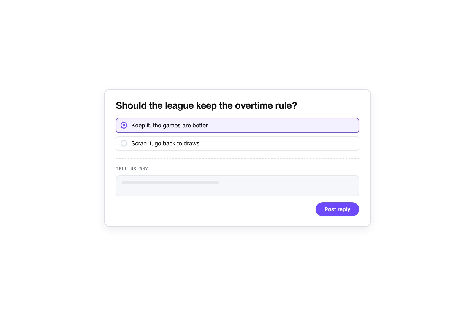 Vector poll card showing two balanced answer options with a small tell-us-why reply field beneath it