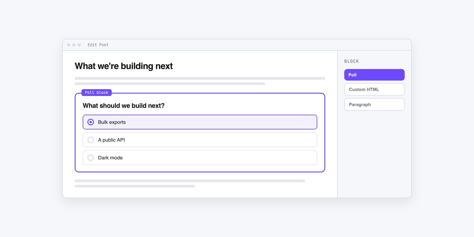 Flat vector illustration of a poll card embedded inside a WordPress post editor block