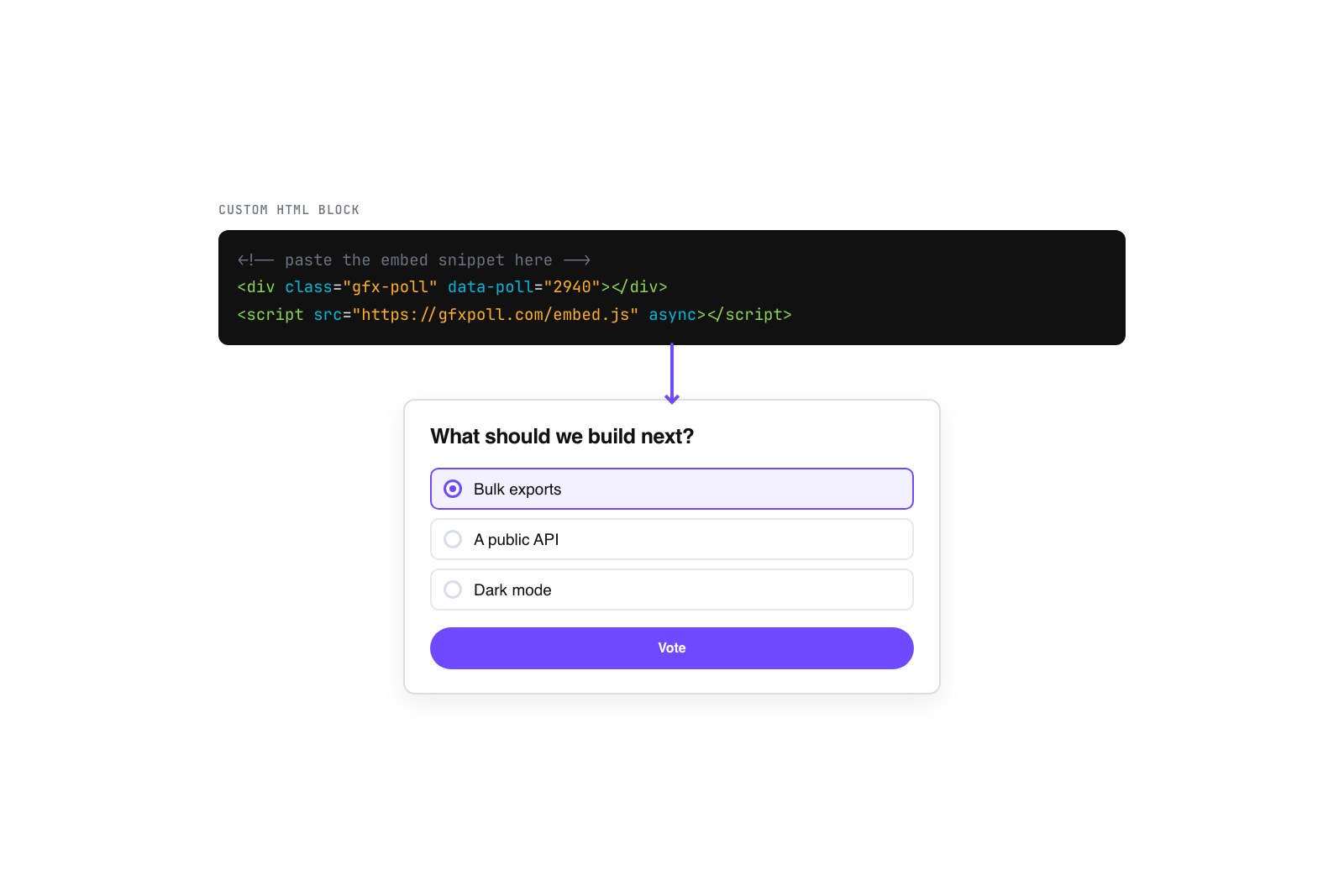 Vector UI showing an embed code snippet being pasted into a Custom HTML block