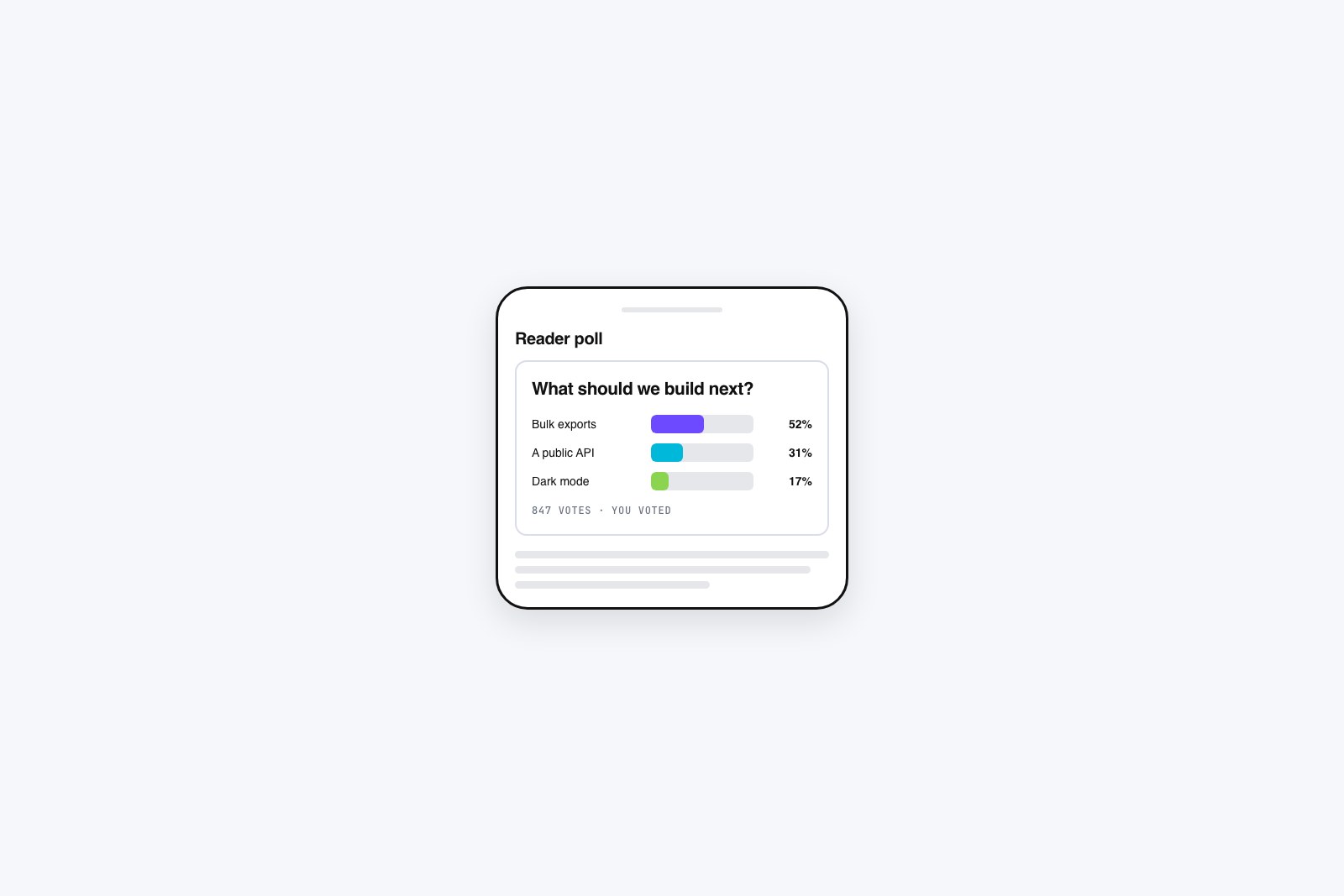 Vector poll card shown at full width on a phone screen with colored result bars