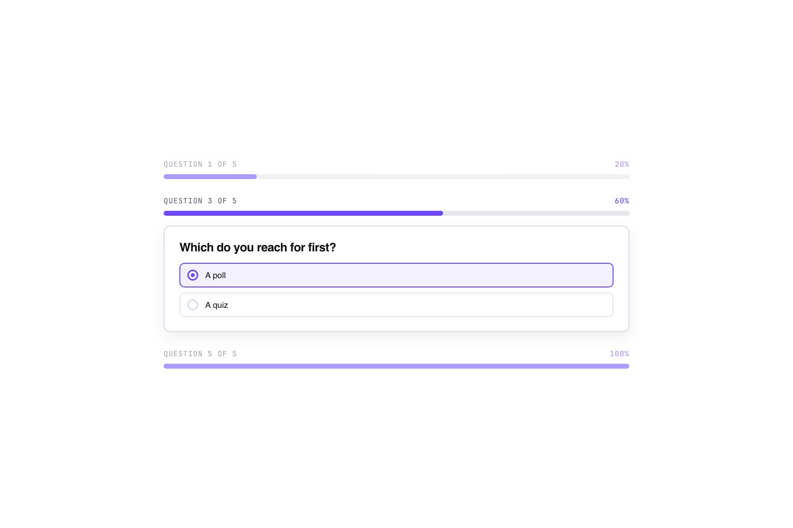 Vector quiz interface with a thin progress bar filling from left to right above the current question