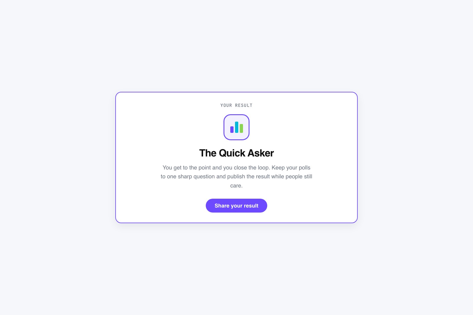 Vector quiz result card showing a labeled outcome, a short description, and a share button