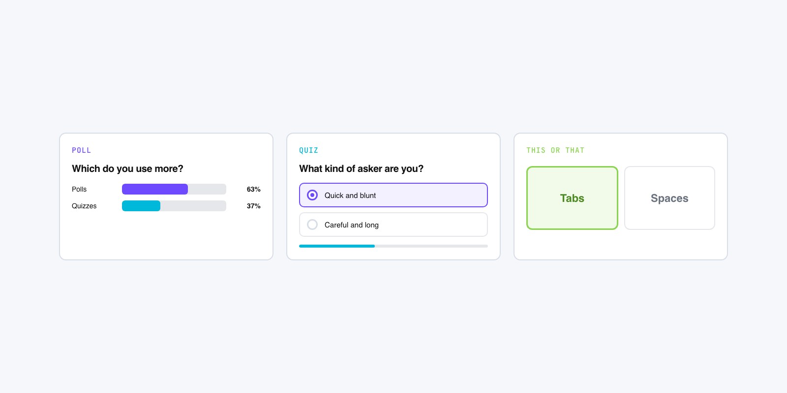 Flat vector grid of interactive content cards: a poll, a quiz, and a this-or-that pair with colored result bars