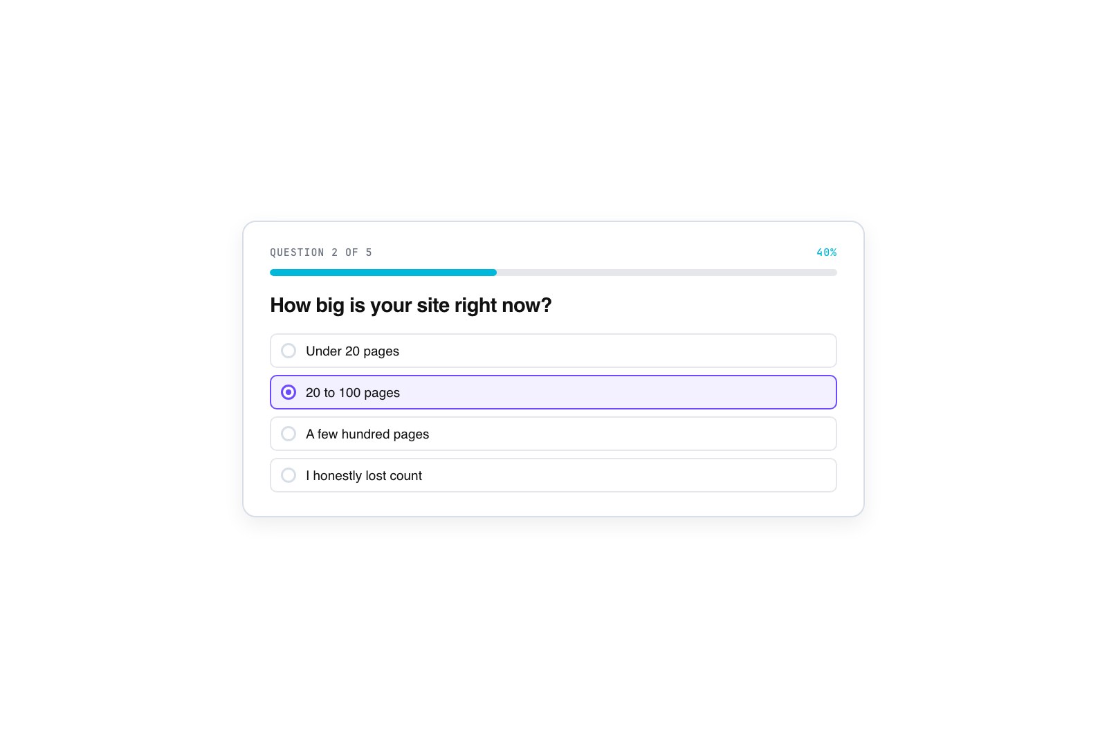 Vector quiz card showing a question with four answer options and a thin progress bar underneath