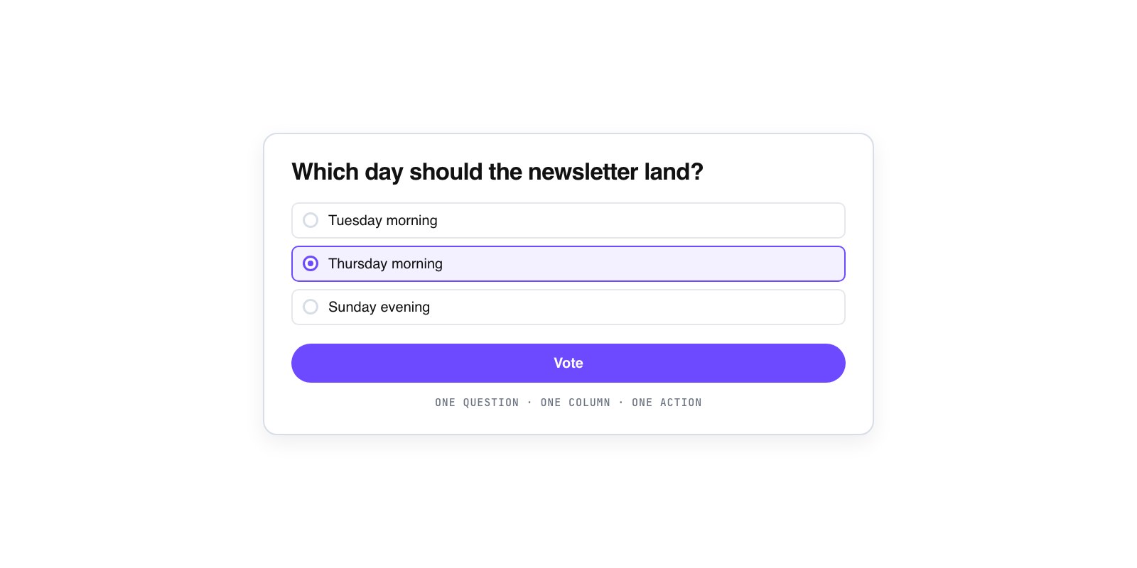 Flat vector poll card with a clear question, a single column of answer options, and one accent-colored vote button