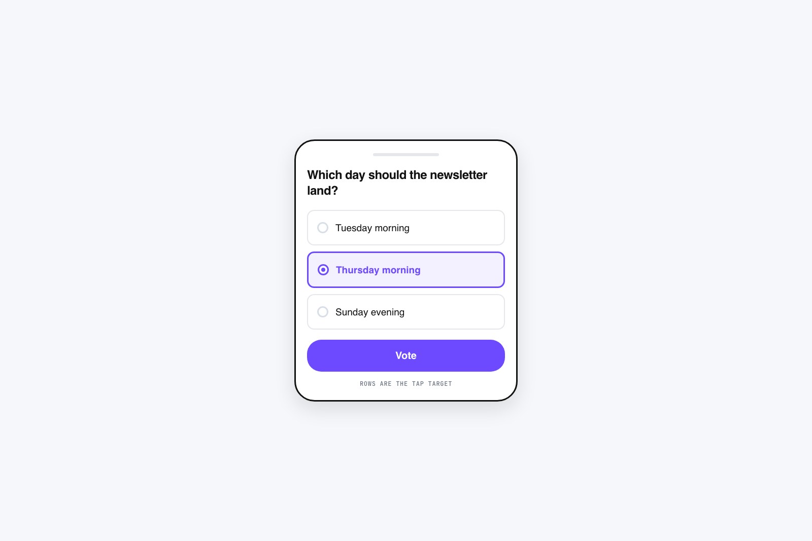 Flat vector mobile poll card with large full-width tappable option rows and a prominent vote button