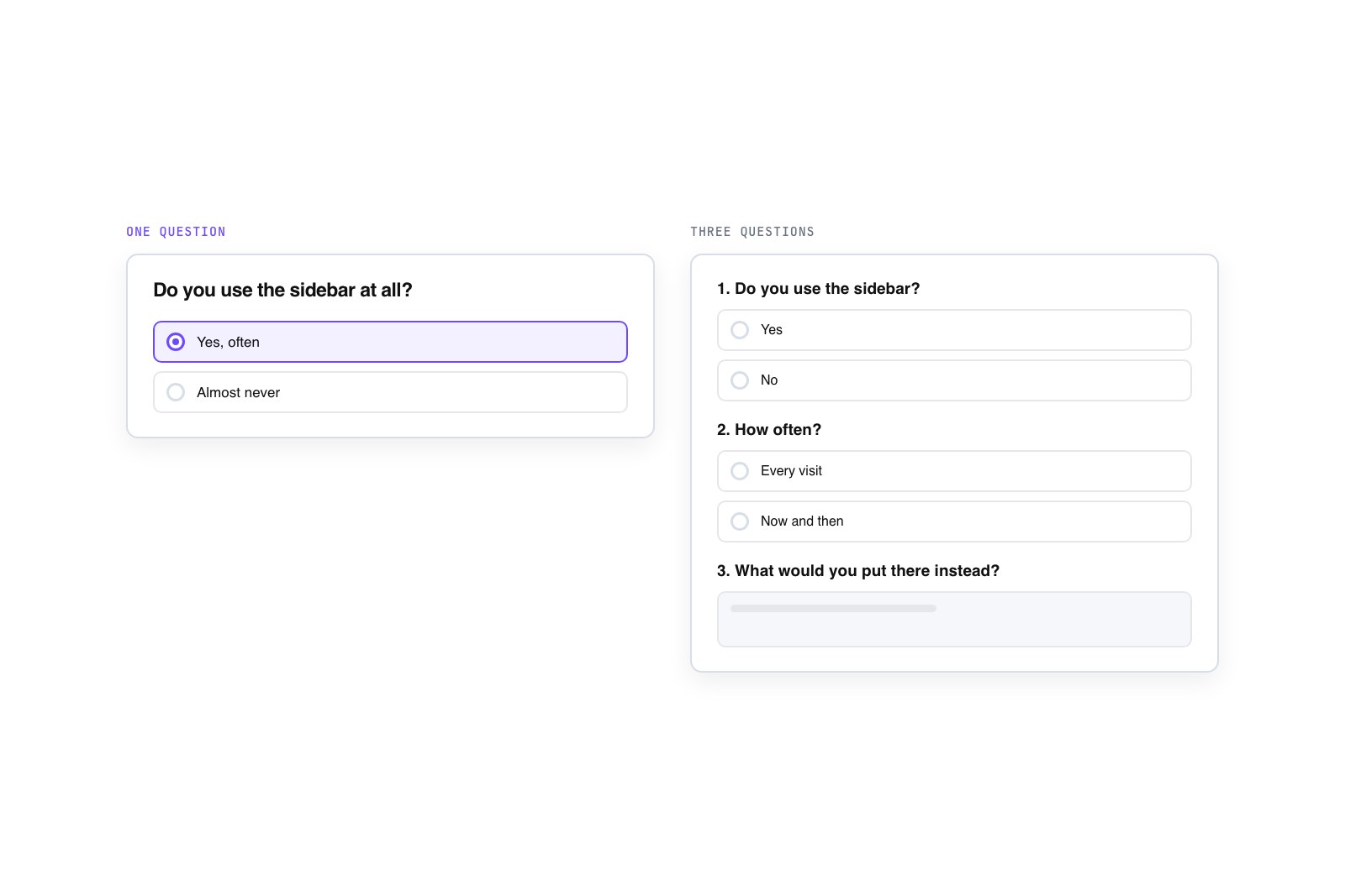 Vector comparison of a one-question poll widget beside a three-question survey form with radio buttons and a text field