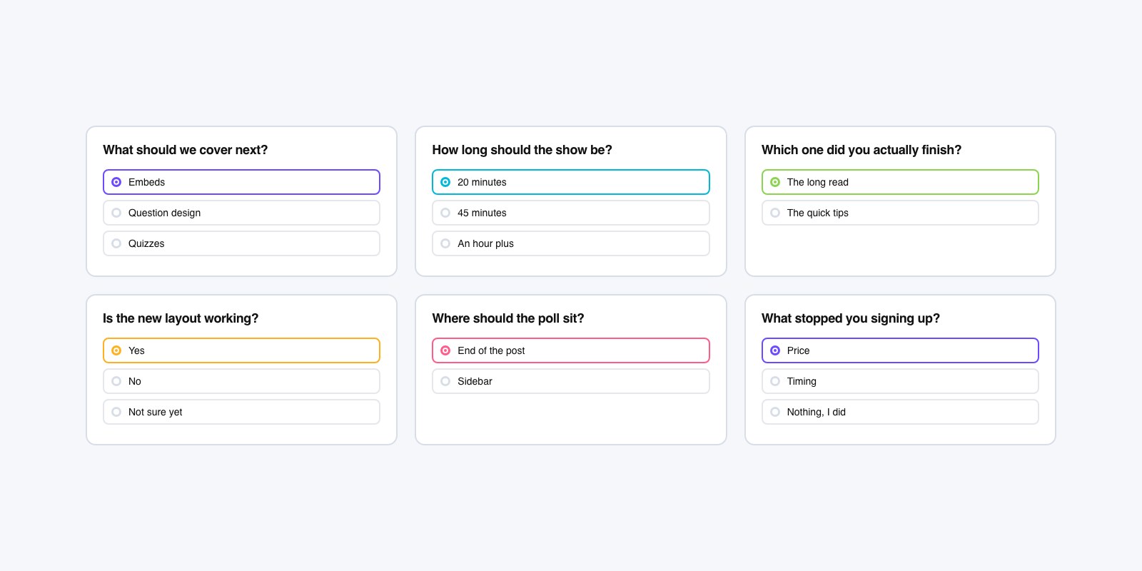 Flat vector grid of poll cards, each showing a question and labeled answer options