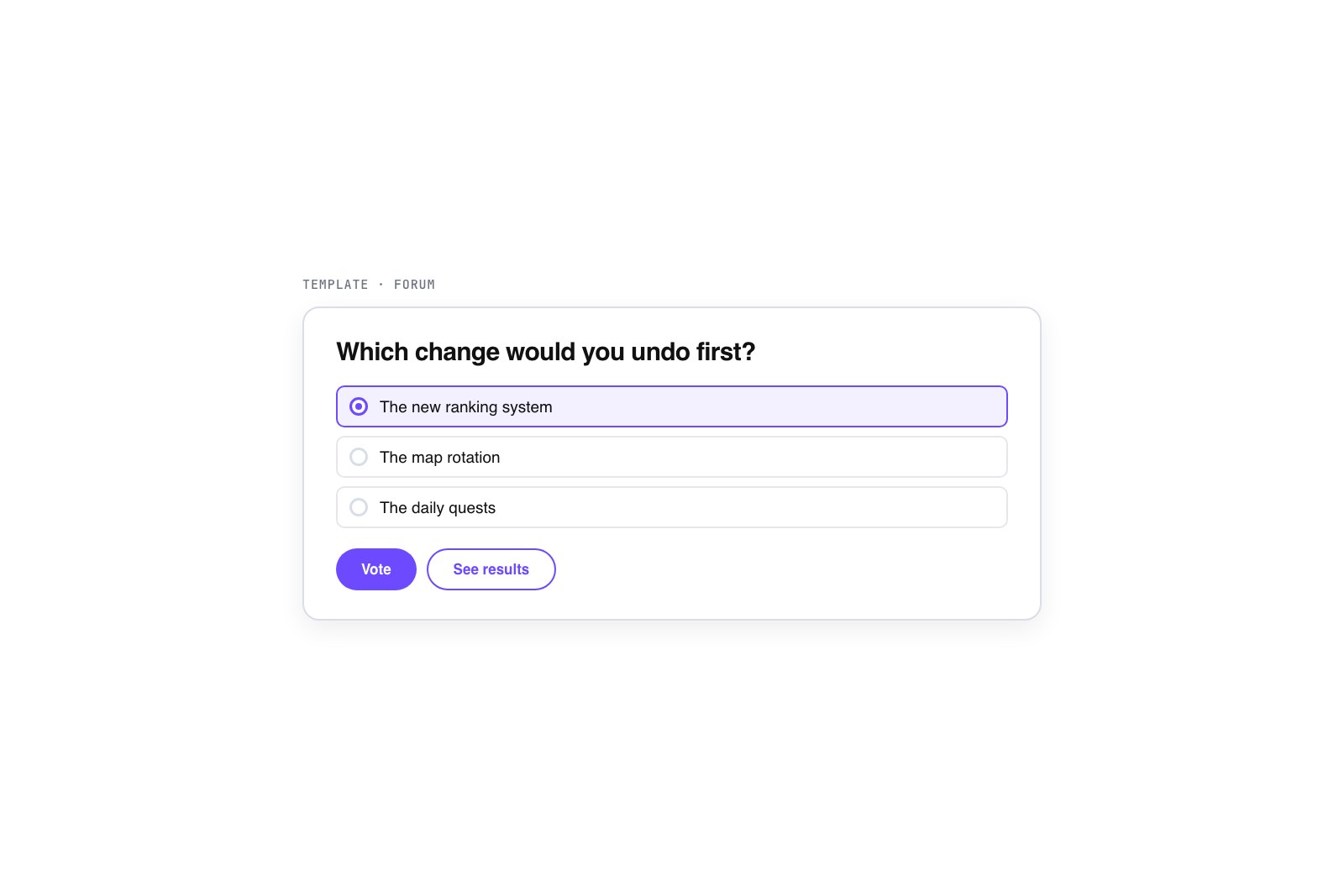 Vector poll card with a single question field and three radio-button answer options
