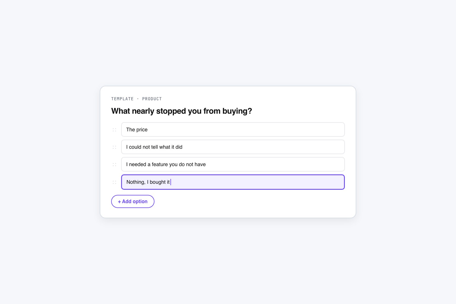Vector poll card showing four answer options with an editable option being added
