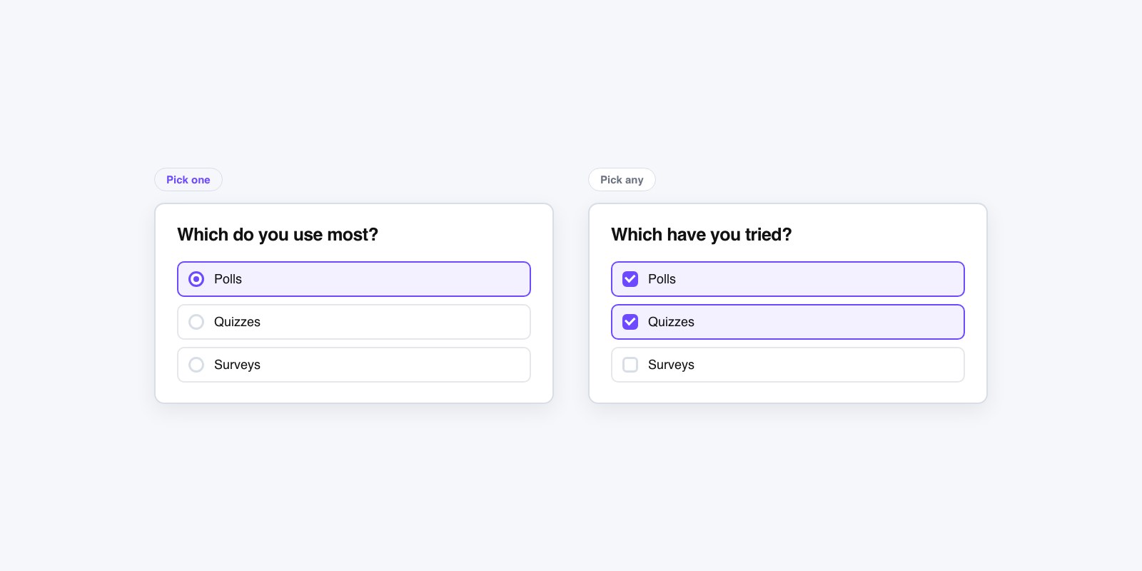 Flat vector illustration of two poll cards side by side, one with radio buttons and one with checkboxes