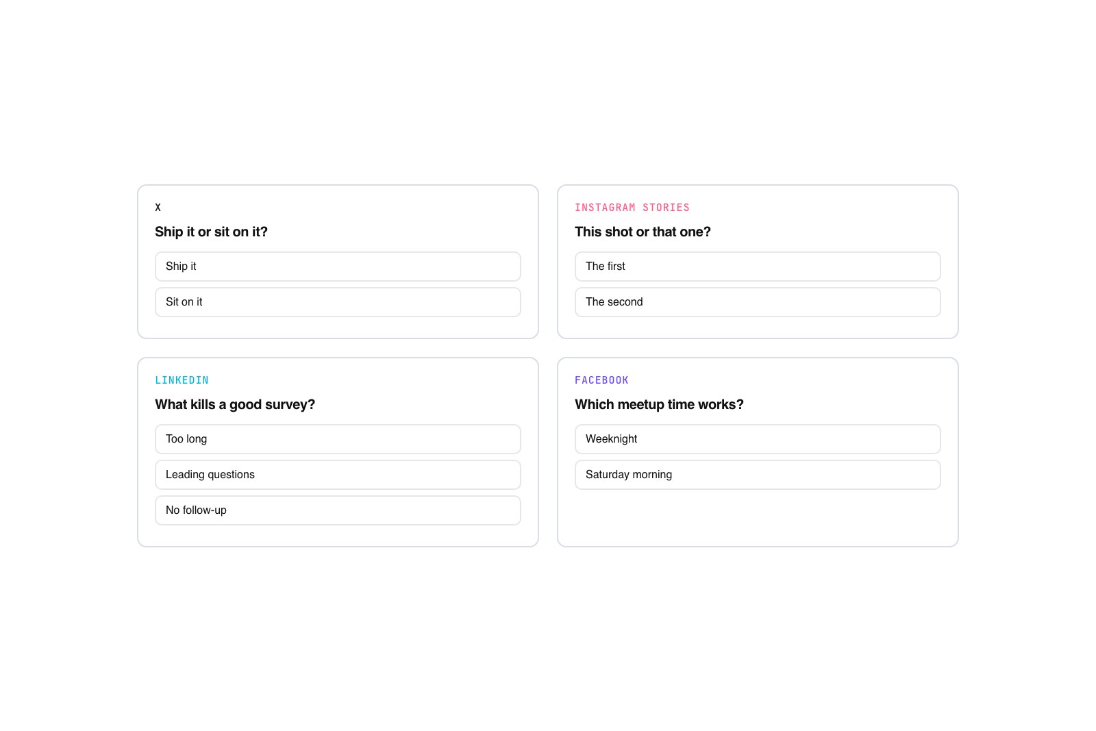 Flat vector set of four social poll cards styled for X, Instagram Stories, LinkedIn, and Facebook, each with short answer options