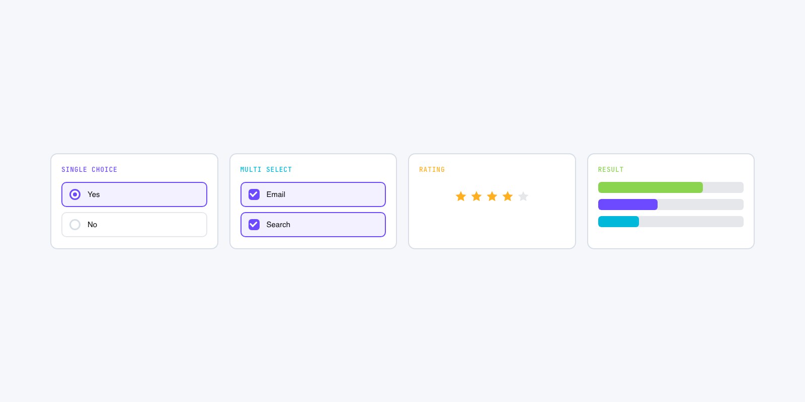 Flat vector poll cards showing single-choice radio buttons, checkboxes, a star rating, and colored result bars