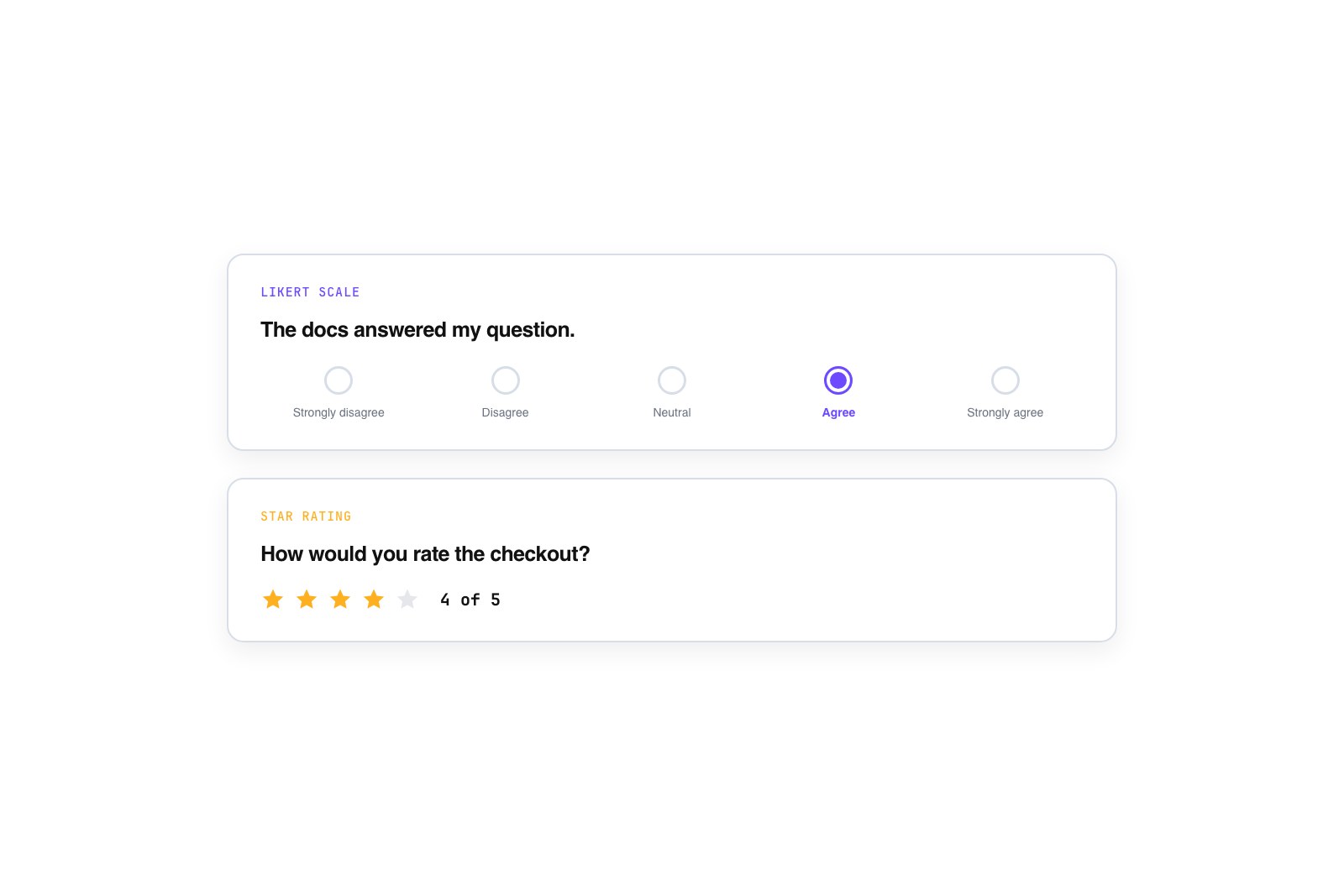Vector illustration of a five-point Likert scale row and a five-star rating control on a poll card