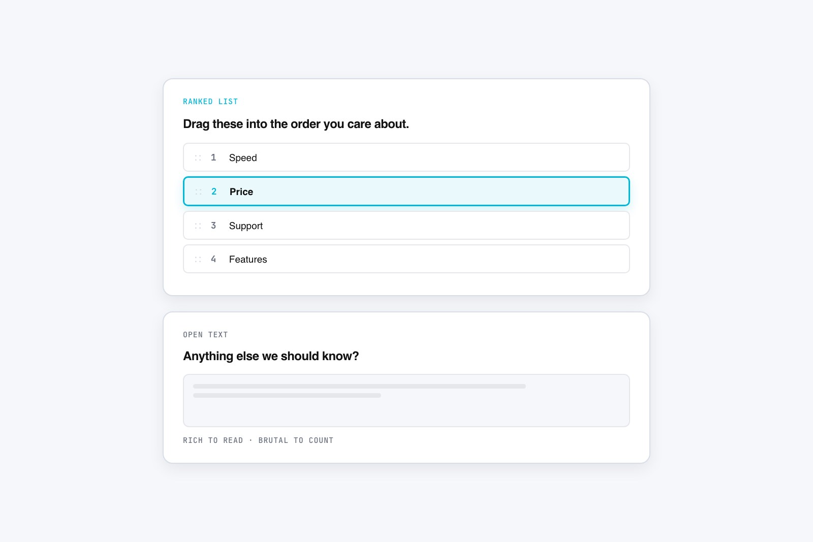 Vector poll card with a numbered ranked list being reordered and an open text answer field below it