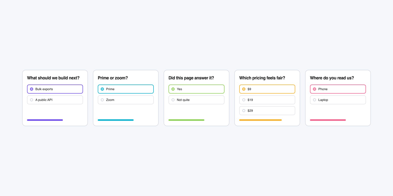 Flat vector grid of five small poll cards, each with a different question and a short list of answer options