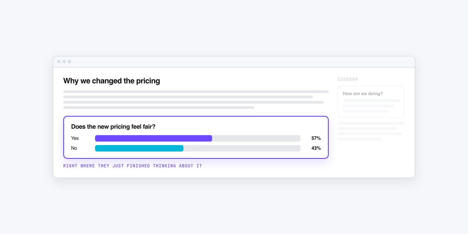 Flat vector webpage layout with a poll card highlighted at the end of an article and a faded, ignored poll in the sidebar
