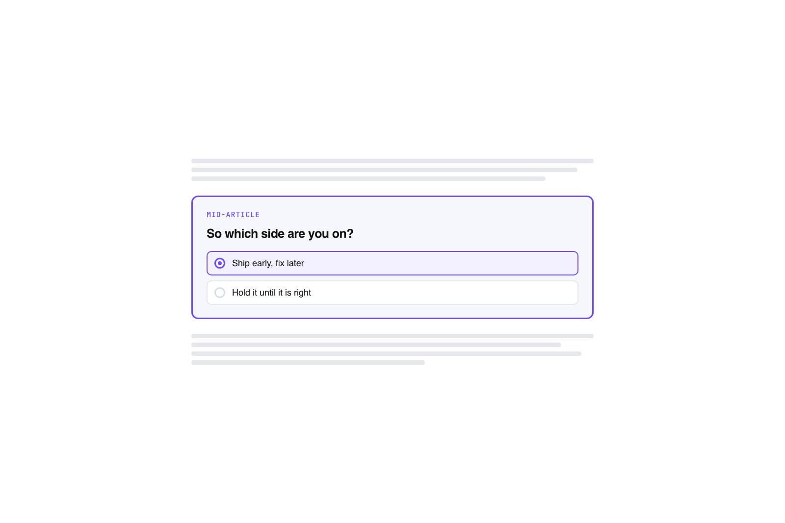 Vector illustration of an article column with a poll card embedded mid-content between two blocks of text
