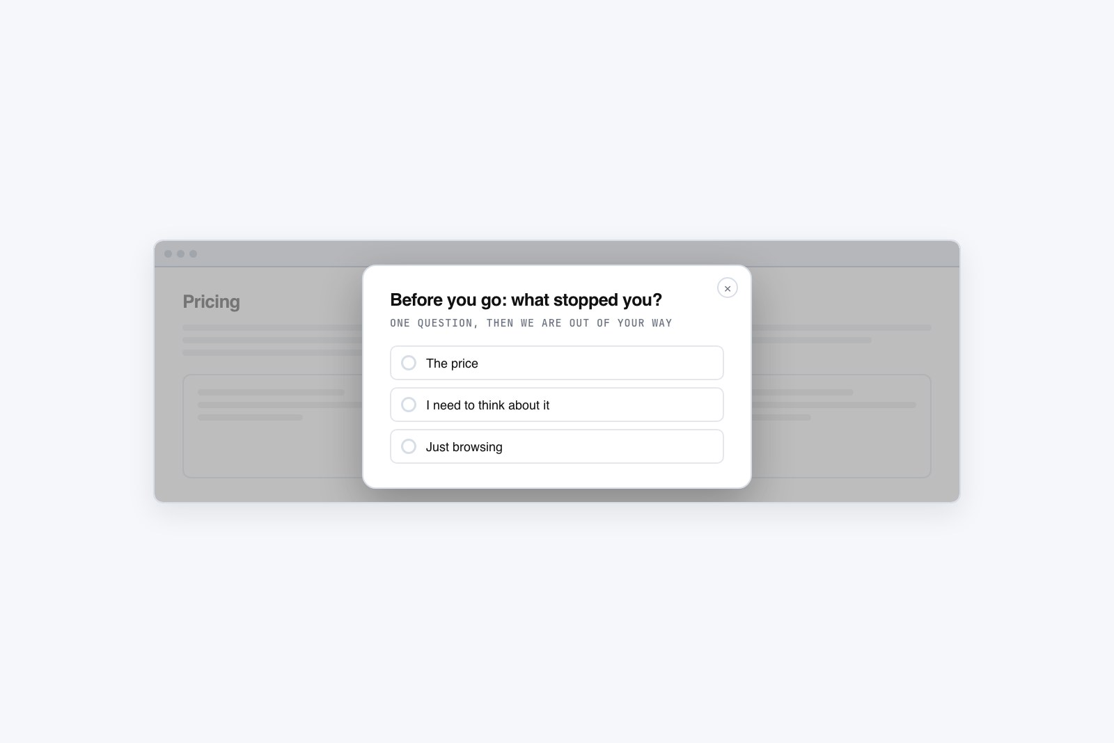 Vector browser window showing an exit-intent poll popup overlaying a page, with a small close button in the corner